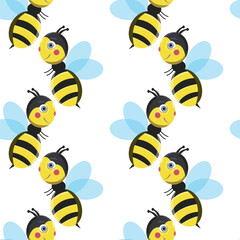 Vector seamless pattern with bees and stars. Striped honey bee and yellow stars on white background. Pattern with bumblebees.