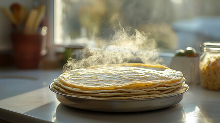 Steaming tortillas piled high in a tortilla warmer create a comforting atmosphere in a sunlit kitchen, promising delightful meals to come