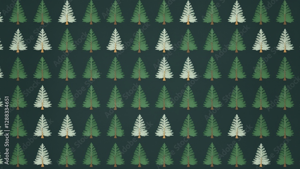 Poster pattern of evergreen trees arranged in a repetitive design on a dark background, creating a festive 