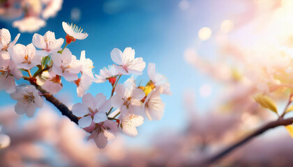 Close-up of cherry blossoms with a blurred sky background, bright and fresh, perfect for flyer backgrounds with space for branding or text overlay