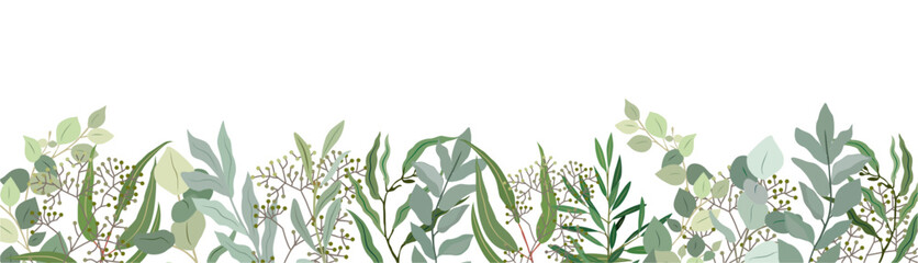 Eucalyptus leaves and branches border. Trendy botanical illustration. Greenery for wedding invitation, greeting cards, decoration, stationery design. Vector art Isolated