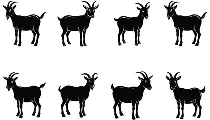 Goat Silhouette. Goat vector shilhouette bundle. Goat Set Icon. Vector Goat Silhouette Isolated On White.