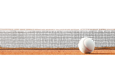 Dynamic Moment: A Soft Tennis Ball Rolling Near a Net on a Clay Court, Capturing the Essence of the Game and Its Competitive Spirit in an Inviting Atmosphere