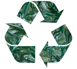 Recycling symbol made with green plastic bag isolated on against transparent background. Environmentally friendly green concept.