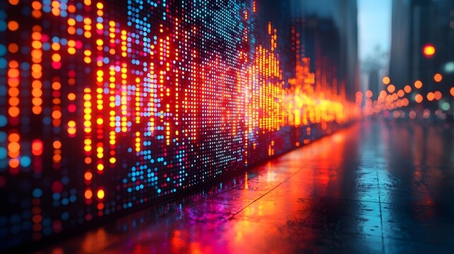Glowing Financial Dashboard in Modern Office with Businesspeople Discussing Trends