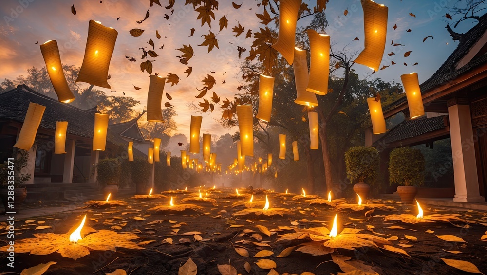 Poster A serene atmosphere filled with floating lanterns and scattered leaves, illuminated by warm lights at twilight. The tranquil setting features