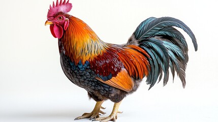 Fototapeta premium Rooster standing alert, feathered plumage, portrait on clean neutral background