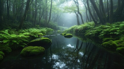 Fototapeta premium A misty morning by a Japanese brook, where fresh ferns and moss thrive along the water's edge in a peaceful woodland.