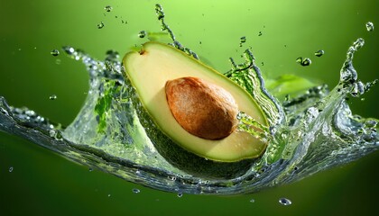 Avocado splashing in water creating a vibrant and refreshing scene in a bright green setting