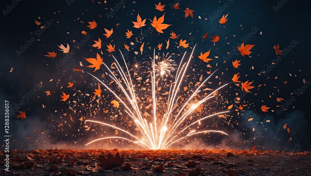 Poster a vivid display of fireworks illuminating autumn leaves on the ground, creating a magical atmosphere