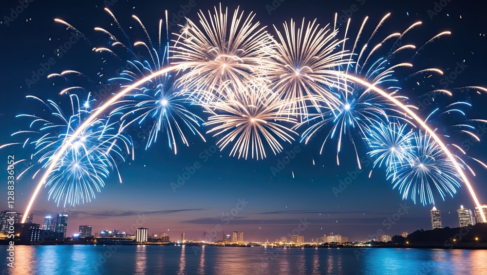 Poster spectacular fireworks display creating a colorful arc over a calm river at dusk, illuminating the sk