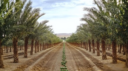 Obraz premium Harvesting date palms in a desert farm agriculture photography sunny landscape wide-angle view