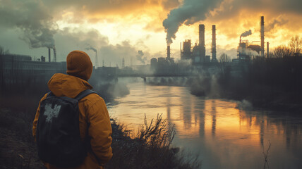 A man looks at a river filled with industrial waste, Concept of industrial pollution
