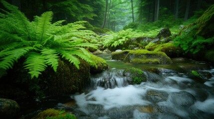 A peaceful nature scene featuring moss and ferns growing on damp rocks near a bubbling forest stream.