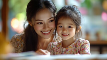Asian mother and daughter happily engaged in creative drawing activities