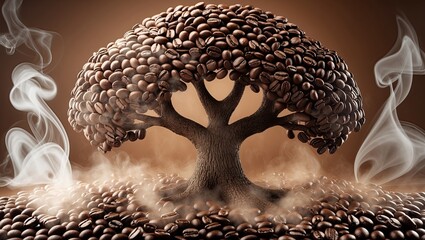 Obraz premium A captivating tree sculpture made of coffee beans, surrounded by aromatic smoke and coffee grounds