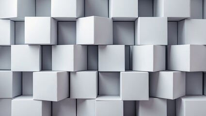 A textured arrangement of white 3D cubes creating a modern and minimalist backdrop. The light enhances the geometric pattern of the structure