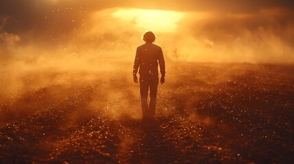 Obraz premium Hardworking Farmer Silhouetted Under Glowing Sunset Crossing Vast Field on Tractor