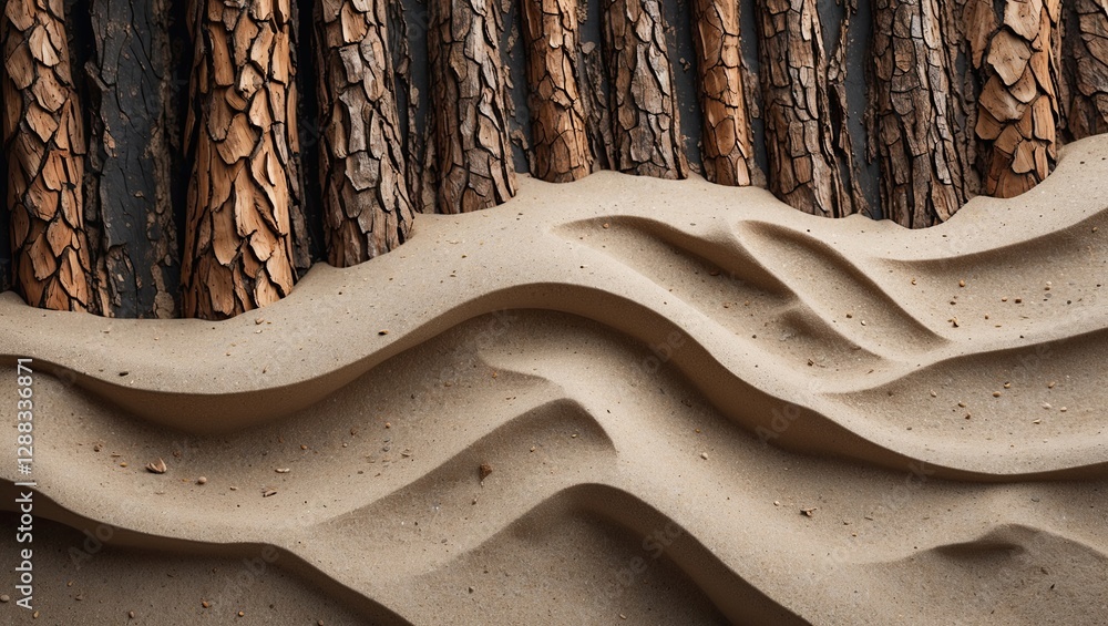 Poster textured sand dunes with flowing patterns in the foreground and tall pine trees in the background