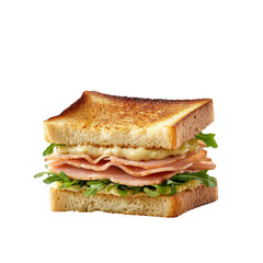 Obraz premium Deliciously Crafted Ham Sandwich with Golden Toasted Bread and Fresh Arugula, Perfect for Any Meal, Indulging in Savory Flavors and Mouthwatering Textures.