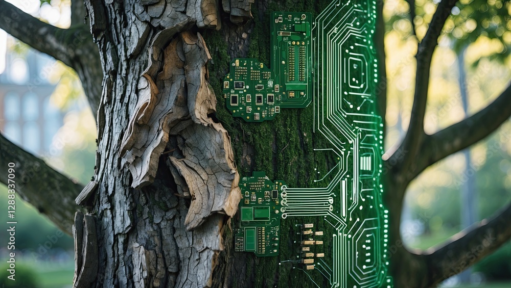 Poster a tree trunk with bark transitioning into a circuit board design representing nature and technology