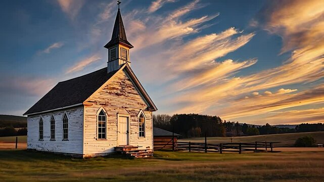 Old, weathered church in a rural landscape with cloudy sky