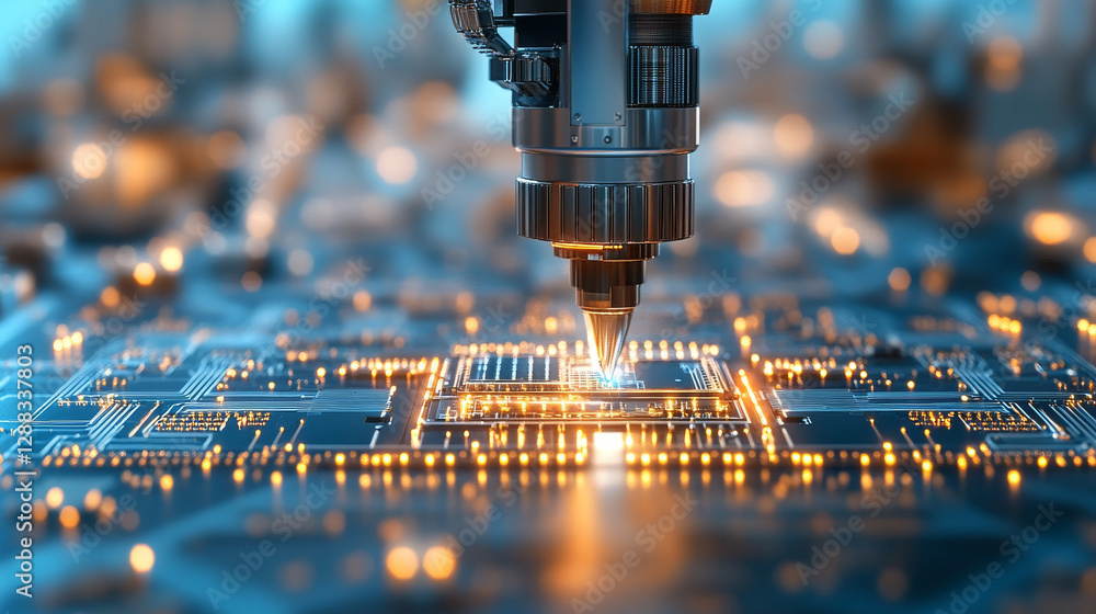 Poster close up view of precision laser engraving machine working on circuit board, showcasing intricate de