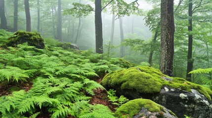 A tranquil nature scene with ferns and moss covering jagged rocks, blending seamlessly into the deep green forest.
