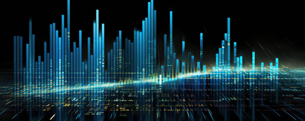 Data visualization displays vibrant fluctuations in metrics at a futuristic cityscape during nighttime