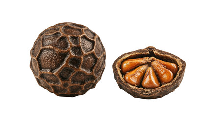 Examining Whole and Cut Open Horse Chestnut Seeds on Dark Backdrop