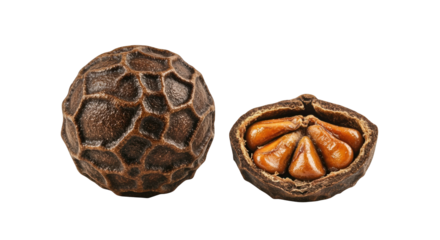 Examining Whole and Cut Open Horse Chestnut Seeds on Dark Backdrop