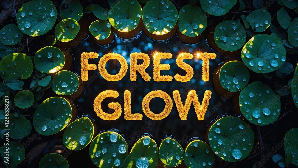 Poster a vibrant display of raindrops on green leaves creating a forest ambiance illuminated by a soft glow