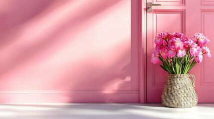   A vase filled with pink flowers sits on a white floor beside a pink door and wall