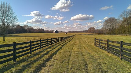 Fototapeta premium Path through field to farm buildings on sunny, blue sky day, fence lined meadow