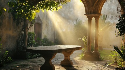 Atmospheric cloister with an ancient stone table at the Convento dos Capuchos, shrouded in mystery and history.