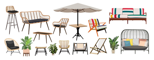 Patio furniture Set. Outdoor, porch zone, garden furniture with potted plants illustrations. Realistic vector cozy garden yard interior elements, rattan armchairs, tables, sofas, umbrellas isolated.
