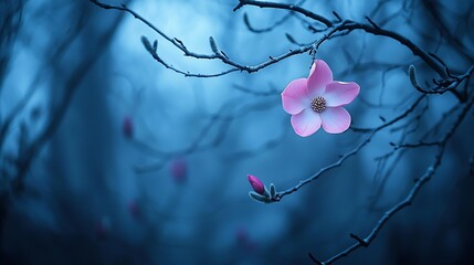 Pink Magnolia in Misty Forest