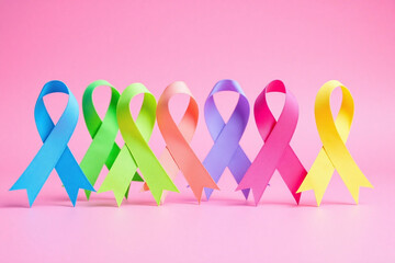 row of colorful ribbons on a pink yellow green blue and purple background