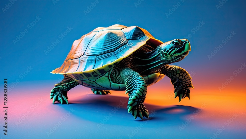 Poster a vibrant, colorful turtle with intricate shell patterns against a gradient background. the striking