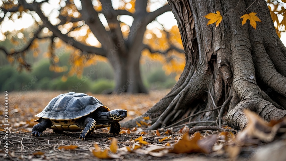Poster a tortoise slowly moving through fallen leaves in an autumn landscape, near a large tree with colorf