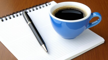 Close-up of a clean desk with a pen, notepad, and a cup of coffee, leaving room for business communication concepts.