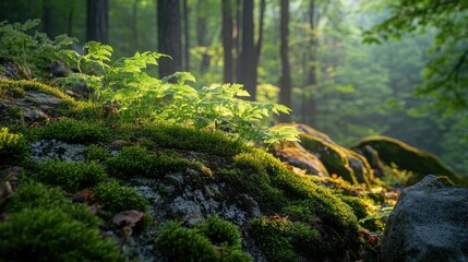 Obraz premium Close-up of delicate ferns and moss growing over mossy boulders in a peaceful forest, with soft dappled sunlight.