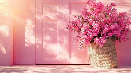   A basket brimming pink blossoms, resting in front of a pink door and wall