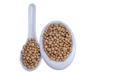 Soybeans in a white spoon and plate .