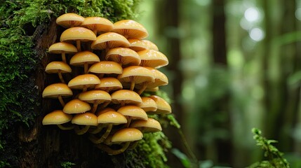 Close-up of honey mushrooms growing in harmony with nature, sprouting from a mossy tree stump in a tranquil forest setting.