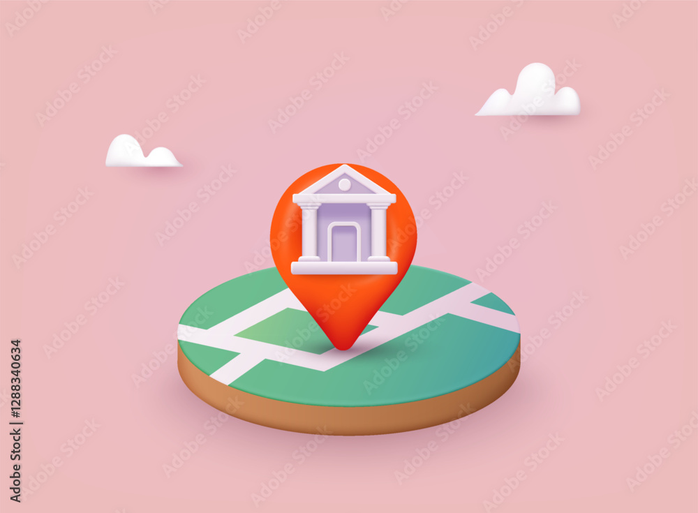 Poster location folded map and pin with bank icon. banking app isolated cartoon vector illustrations set. 3