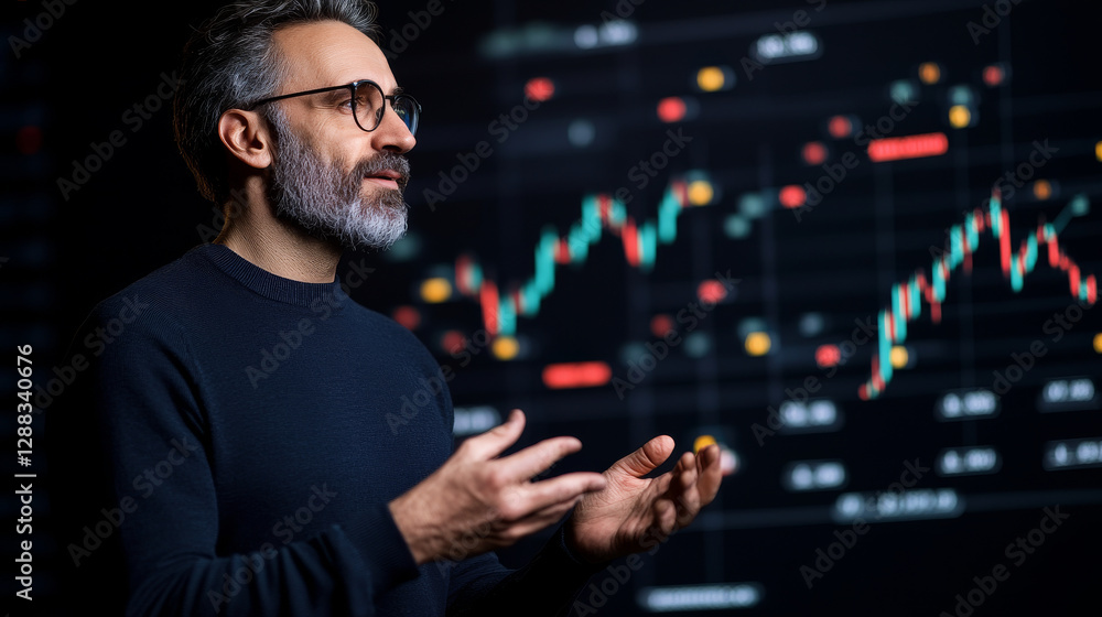 Aufkleber man with glasses discusses financial data in front of digital screen displaying stock market trends.