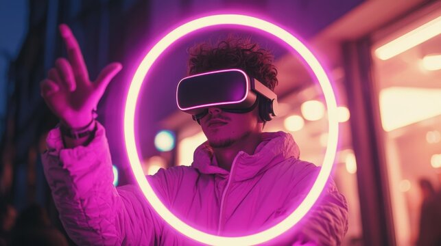 A dynamic cyberpunk-inspired image of a man using a virtual reality headset, reaching forward with glowing fingertips, as neon light trails form around
