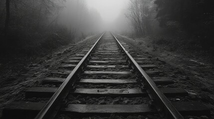 Fototapeta premium Creepy mining corridor, with thick dust coating the abandoned railway tracks that disappear into the dark.