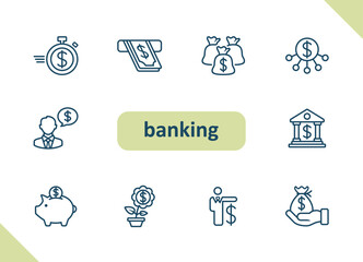 Banking icons. Online banking, money, finance, currency, savings, investment vector icon set